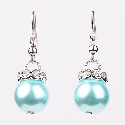 Glass Pearl Beads Dangle Earrings, with Brass Rhinestone Spacer Beads and Brass Earring Hooks, Silver Color Plated