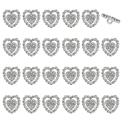 24 шт. стеклянные пуговицы со стразами на ножке, со сплавочной фурнитурой, 1-луночное, сердце