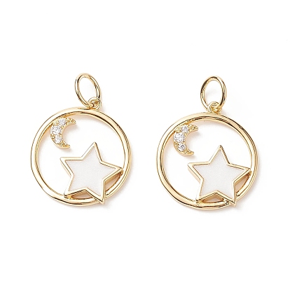 Rack Plating Brass Micro Pave Clear Cubic Zirconia Pendants, with Jump Ring, Long-Lasting Plated, Flat Round with Star & Moon