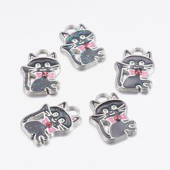 Aluminium Emaille Kätzchen Anhänger, mit Strass, Bleifrei und cadmium frei, Cartoon Katzenform, 19x14x3 mm, Bohrung: 3 mm