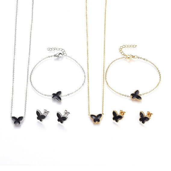 304 définit bijoux en acier inoxydable, colliers, boucles d'oreilles et bracelets, avec l'émail, papillon