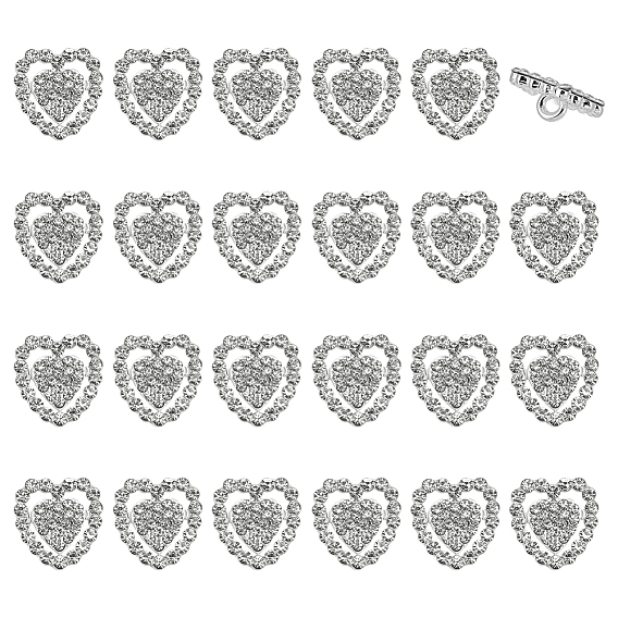 24 шт. стеклянные пуговицы со стразами на ножке, со сплавочной фурнитурой, 1-луночное, сердце