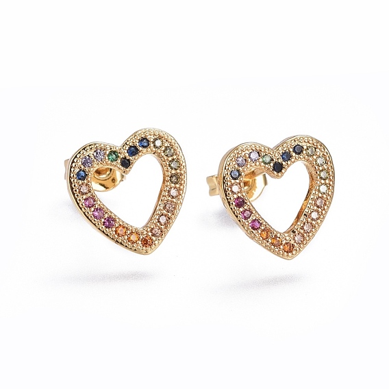 Brass Micro Pave Cubic Zirconia Stud Earrings, Heart, Golden
