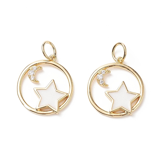 Rack Plating Brass Micro Pave Clear Cubic Zirconia Pendants, with Jump Ring, Long-Lasting Plated, Flat Round with Star & Moon