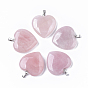Natural Rose Quartz Pendants, with Stainless Steel Snap On Bails, Heart, Stainless Steel Color