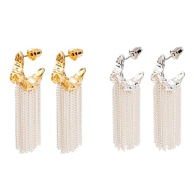 C-Shaped Brass Chain Tassel Stud Earrings, Textured Half Hoop Earrings for Women
