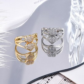 Кольца-манжеты из латуни с микропаве, прозрачные кубические циркония, кольца в форме сердца для женщин, долговечный, стойки покрытие, не содержит кадмия и углеводов