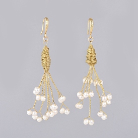 Dangle Earrings, with Natural Freshwater Pearl Beads, Copper Wire, Brass Earring Hooks and Cardboard Boxes