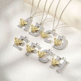 Подвеска в виде пчелы с микропаве из прозрачного кубического циркония в виде микрофибры, латунная, с инициалами., платиной и золотом