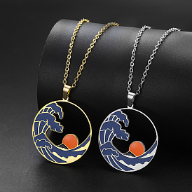 304 Stainless Steel Enamel Blue Sea Wave with Sun Pendant Necklaces for Women