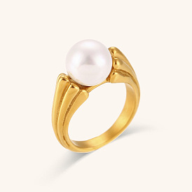 Minimalist Stainless Steel Double-Sided Texture Ring with Imitation Pearl - Elegant and Luxurious Women's Jewelry