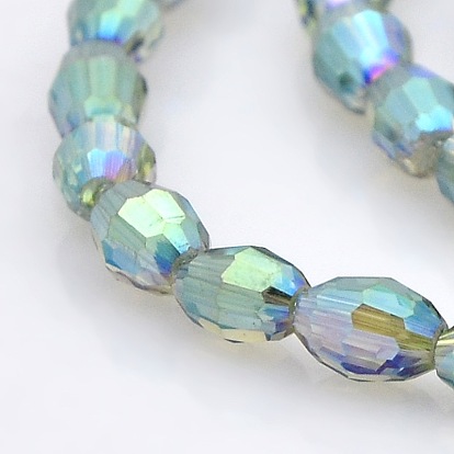 Full Rainbow Plated Glass Faceted Rice Beads Strands, 6x4mm, Hole: 1mm, about 72pcs/strand, 16 inch