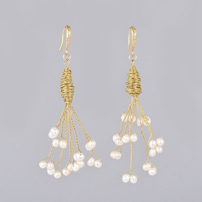 Dangle Earrings, with Natural Freshwater Pearl Beads, Copper Wire, Brass Earring Hooks and Cardboard Boxes