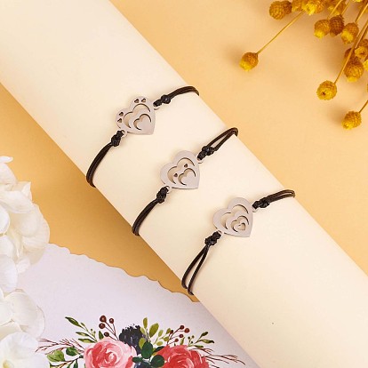 3Pcs 3 Style 430 Stainless Steel Heart Link Bracelets Set, Match Adjustable Bracelets for Best Friends Couple Family