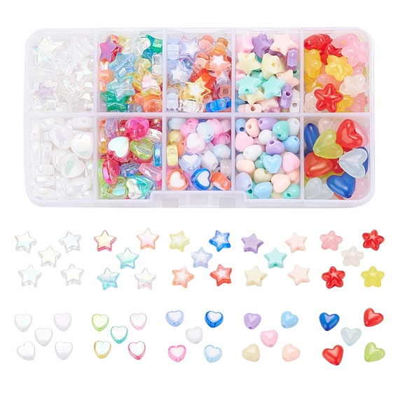 350Pcs 10 Style Transparent & Opaque Heart & Star Acrylic Beads