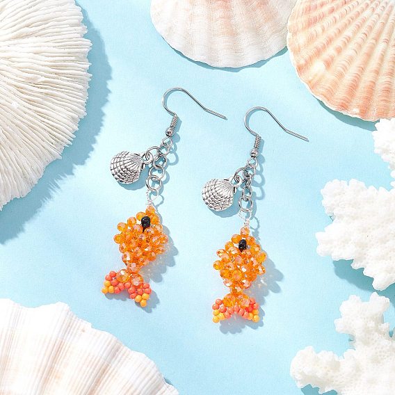 Рыба в форме ракушки 304 серьги-подвески из нержавеющей стали и стеклянных бусин, с подвесками из сплава в тибетском стиле и нейлоновой проволокой из рыболовной нити, античное серебро