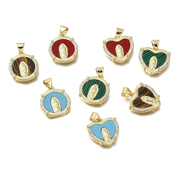 Religion Brass & Clear Cubic Zirconia & Acrylic Pendants, Virgin Mary Pattern Charms, Real 16K Gold Plated