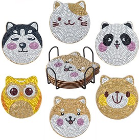 DIY Cat/Dog/Owl/Panda/Bear Pattern Coaster Diamond Painting Kits, Including Resin Rhinestones Bag, Diamond Sticky Pen, Tray Plate and Glue Clay
