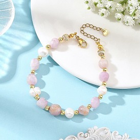 Natural Kunzite Nuggets and Potato Natural Cultured Freshwater Pearl Beaded Bracelets
