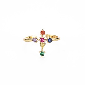 Cubic Zirconia Cross Cuff Ring, Real 18K Gold Plated Brass Open Ring for Women, Nickel Free