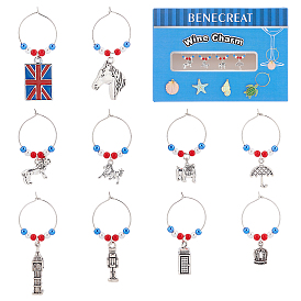 BENECREAT 20Pcs 10 Styles Union Jack & Soldier & Umbrella & Horse & Crown Alloy Dangle Wine Glass Charms with Glass Pearl, Brass Hoop Earrings