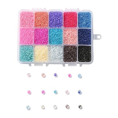 FGB 375G 15 Colors 12/0 Grade A Round Glass Seed Beads, Transparent Inside Colours