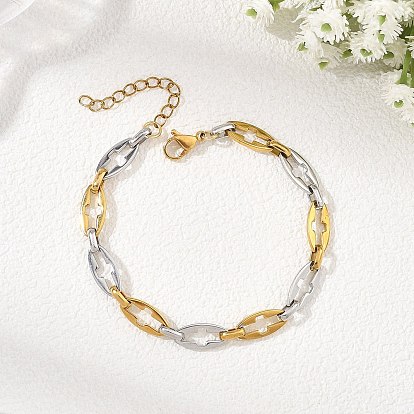 Двухцветные 304 браслеты из нержавеющей стали с ажурными звеньями для женщин, овальные, с поперечным рисунком