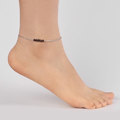 Round Gemstone Beads Anklets, with Stainless Steel Chains and  Lobster Clasps, 220x2mm