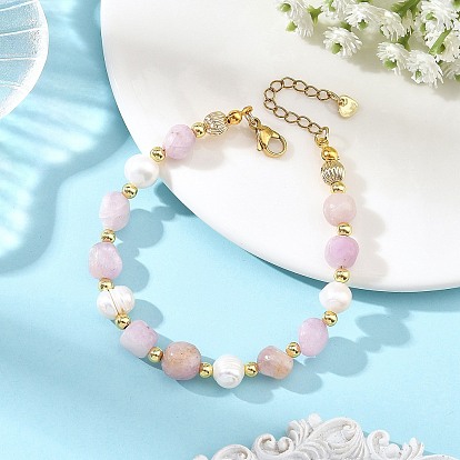 Natural Kunzite Nuggets and Potato Natural Cultured Freshwater Pearl Beaded Bracelets