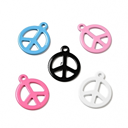 Spray Painted 201 Stainless Steel Pendants, Flat Round with Peace Sign Charm