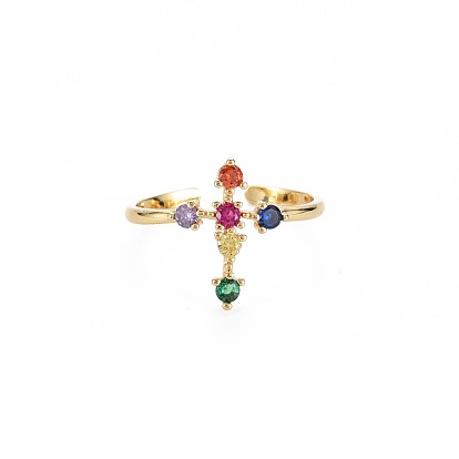 Cubic Zirconia Cross Cuff Ring, Real 18K Gold Plated Brass Open Ring for Women, Nickel Free
