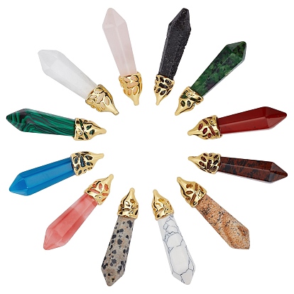 12Pcs 12 Style Bullet Natural & Synthetic Gemstone Pointed Pendants, with Platinum Tone Brass Findings