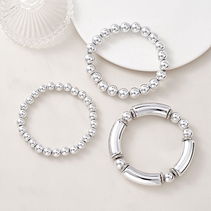 3шт. круглых и изогнутых трубчатых пластиковых браслетов CCB, акриловые и 304 нержавеющие бусины растягиваются