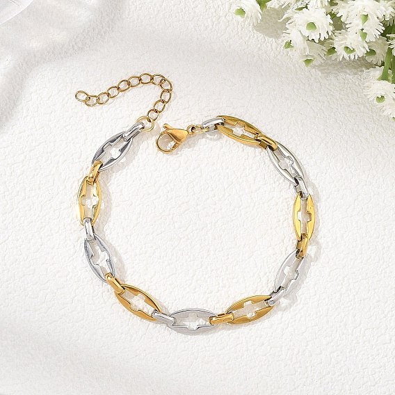 Two Tone 304 Stainless Steel Hollow Out Link Chain Bracelets for Women, Oval with Cross Pattern