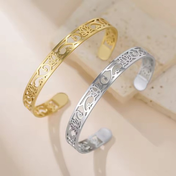8MM Bohemian 304 Stainless Steel Hollow Flower Open Cuff Bangles for Women