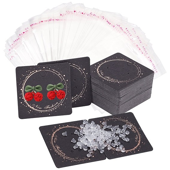 Kraft Paper Earring Display Cards, Stud Earring Card Holder, Square, with Word New Fashion