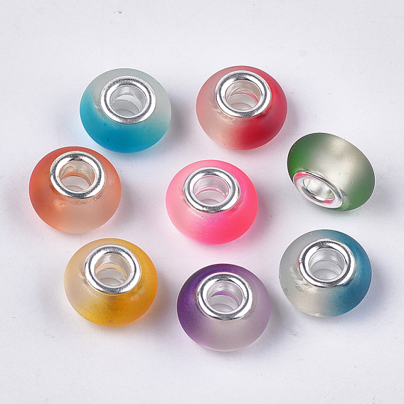 Resin European Beads, Large Hole Beads, with Silver Color Plated Brass Cores, Rubberized Style, Rondelle