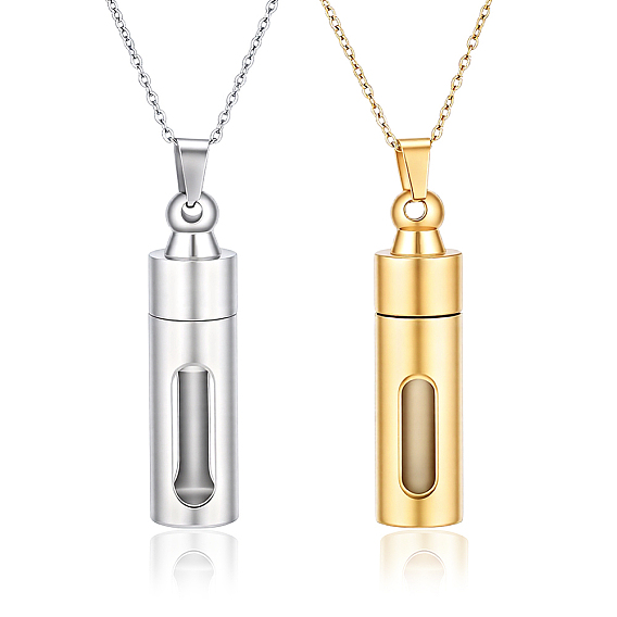 2Pcs 304 Stainless Steel Perfume Bottle Pendants, Column Bottle Charms, with 2Pcs 304 Stainless Steel Cable Chain Necklaces