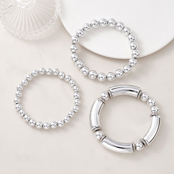 3шт. круглых и изогнутых трубчатых пластиковых браслетов CCB, акриловые и 304 нержавеющие бусины растягиваются