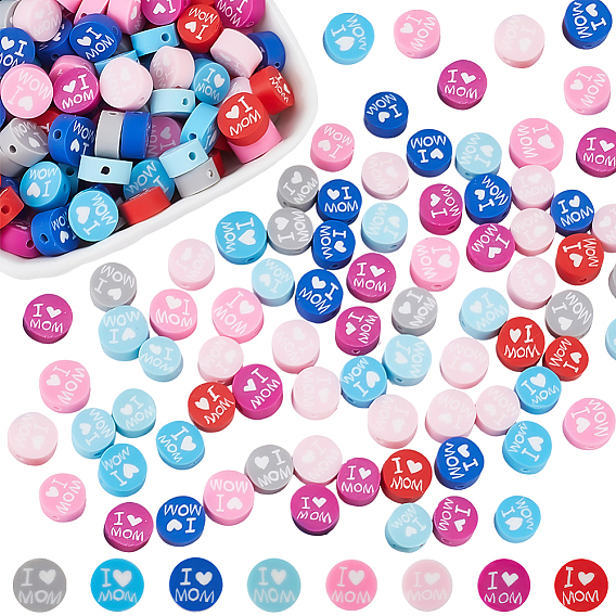 240Pcs 8 Colors Handmade Polymer Clay Bead Strands, Mother's Day Theme, Flat Round with Word I Love MOM