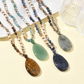 Natural Gemstone Teardrop Pendant Glass Beaded Long Necklaces