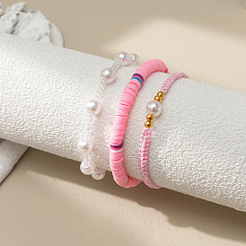 Chic Pink Clay Beach Bracelet Set with Pearl Weave - Handmade 3-Piece for Women