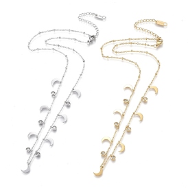 304 Stainless Steel Pendant Necklaces, with Clear Cubic Zirconia, Cable Chains and Round Beads, Moon