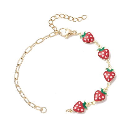 Изготовление браслета из цепочек с красной эмалью и звеньями в форме клубники из латуни., с 304 из нержавеющей стали Lobster Claw застежками, золотые