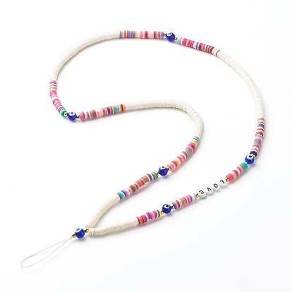 Acrylic Beads and Flat Round Handmade Polymer Clay Bead Mobile Straps,  with Handmade Evil Eye Lampwork Bead, 304 Stainless Steel Beads and Nylon Thread