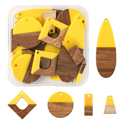 20Pcs 5 Style Resin & Walnut Wood Pendants, Trapezoid & Teardrop & Flat Round & Rhombus & Rectangle