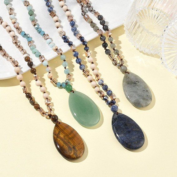 Natural Gemstone Teardrop Pendant Glass Beaded Long Necklaces