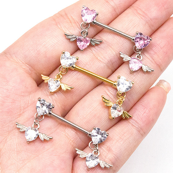 316l Кольца для сосков в форме крыльев сердца из хирургической нержавеющей стали, с кубического циркония