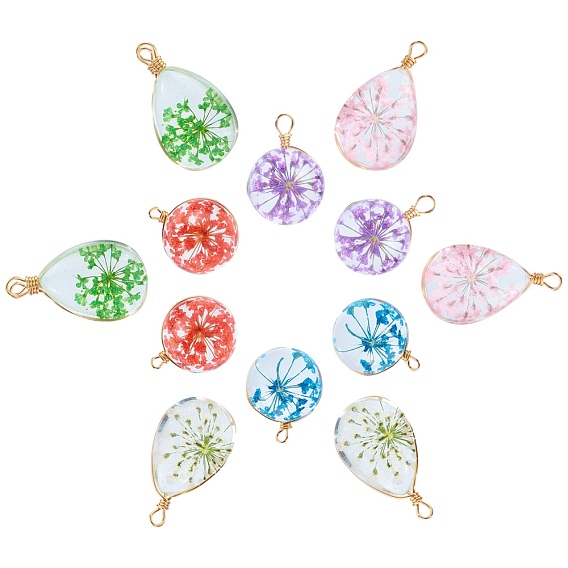 DIY Earring  Making, with Glass Pendants, with Dried Flower Inside & Brass Findings, Round & Teardrop