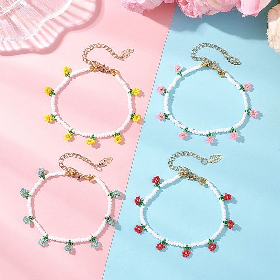 Браслеты с подвесками из стеклянного бисера в виде цветочных мотивов для женщин, с 304 из нержавеющей стали Lobster Claw застежками